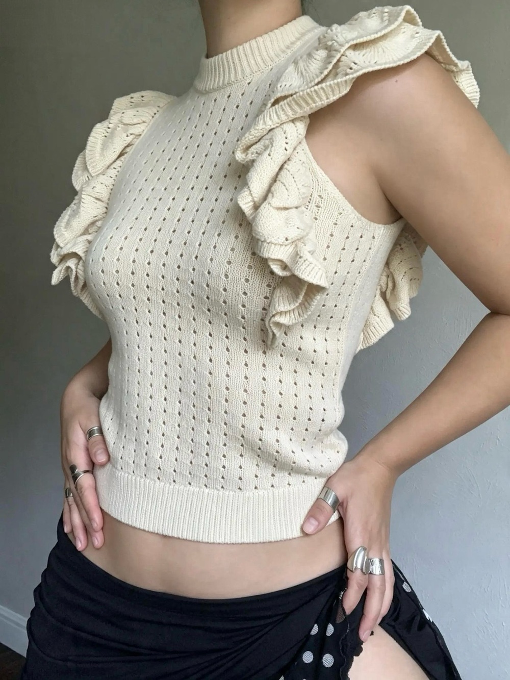 Cream Ruffle Knit Cardigan Sweater Coquette Cottagecore Fairycore Neutral Pointe